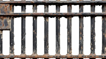 Old prison rusted metal bars cell lock isolated on white background. Jail bars.
