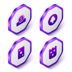 Set Isometric Coin money with dollar, Playing card clubs symbol, spades and Lottery ticket icon. Purple hexagon button. Vector