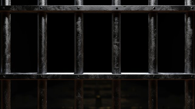 Old prison rusted metal bars cell lock isolated on black background. Jail bars.