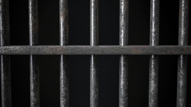 Old prison rusted metal bars cell lock isolated on black background. Jail bars.