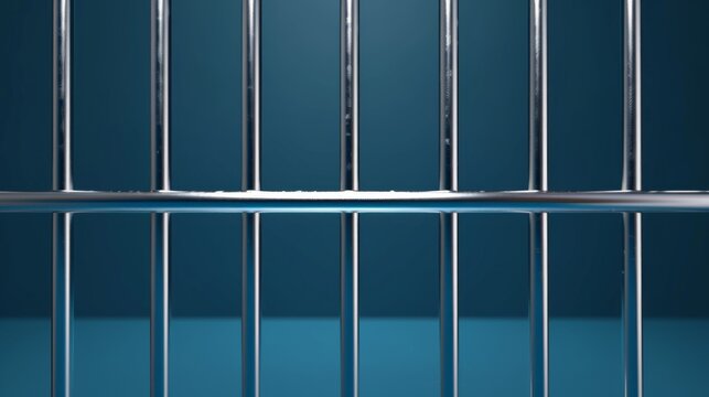 Old prison rusted metal bars cell lock isolated on blue background. Jail bars.