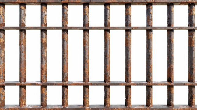 Old prison rusted metal bars cell lock isolated on white background. Jail bars.