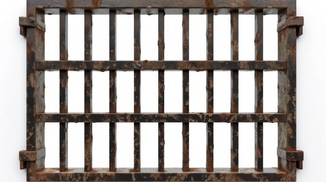 Old prison rusted metal bars cell lock isolated on white background. Jail bars.