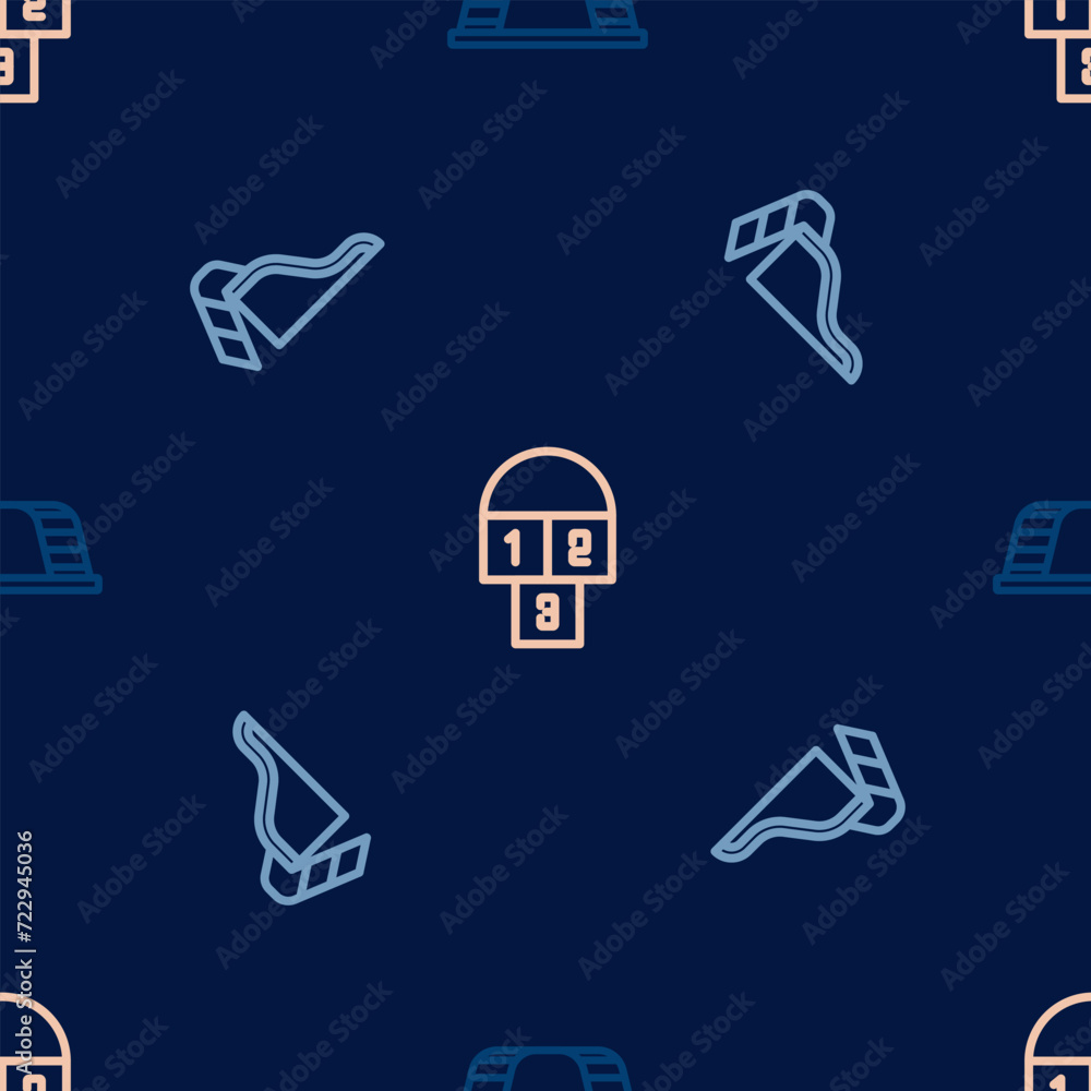 Poster set line monkey bar, slide playground and hopscotch on seamless pattern. vector