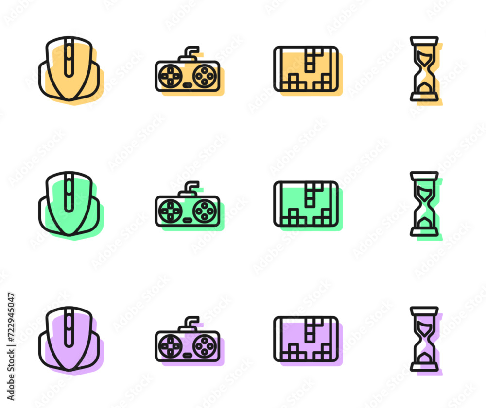 Poster set line portable video game console, computer mouse, game controller joystick and old hourglass ico