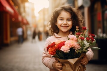 A happy worker child girl holds flowers in his hands on the background of a shop window