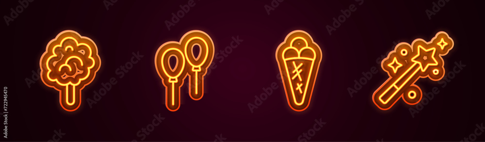 Sticker Set line Cotton candy, Balloons with ribbon, Ice cream in waffle and Magic wand. Glowing neon icon. Vector