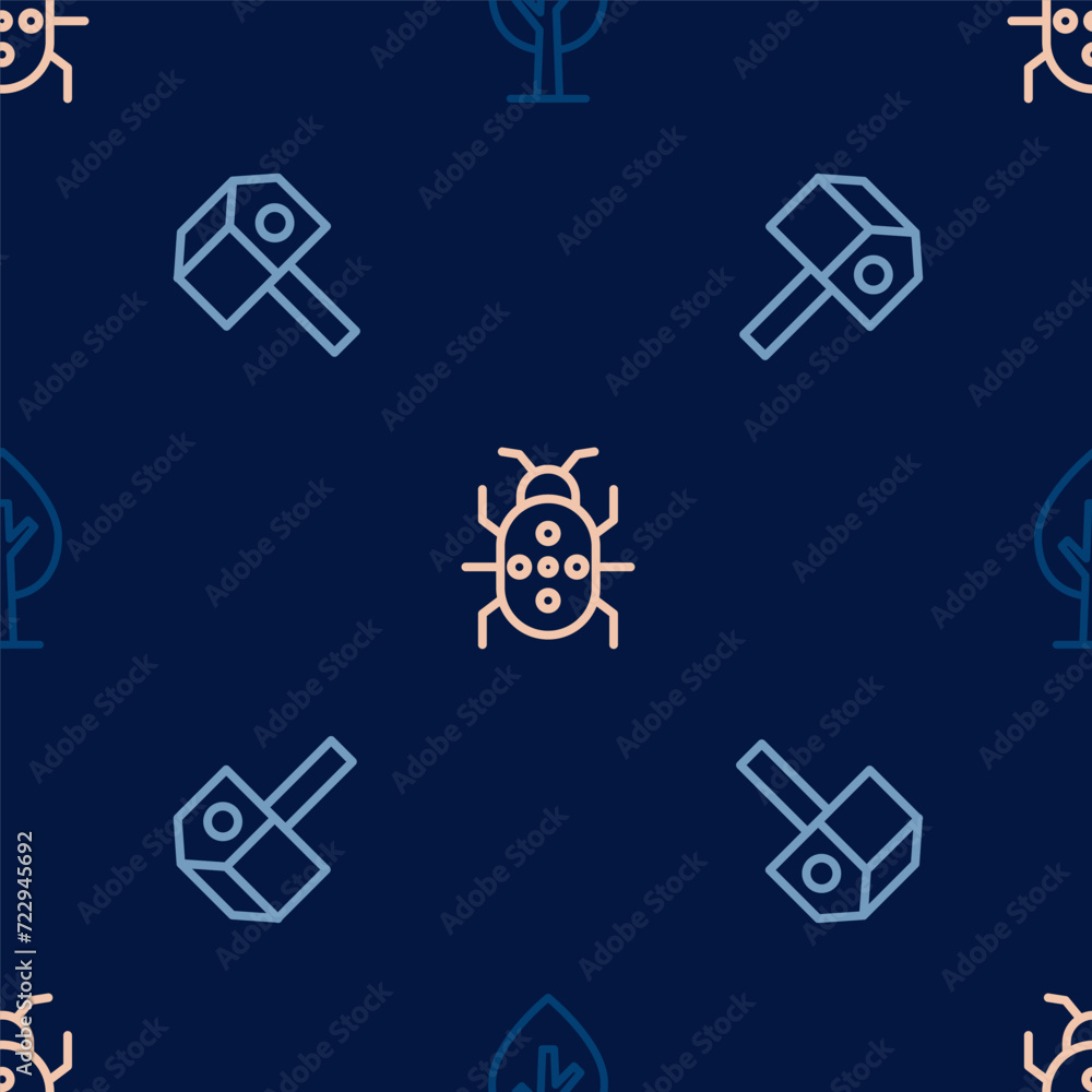 Poster set line tree, bird house and colorado beetle on seamless pattern. vector