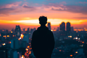silhouette photo against a city skyline, with a person confidently looking towards the horizon, symbolizing optimism and self-confidence - obrazy, fototapety, plakaty