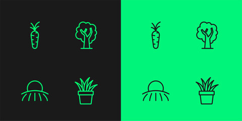 Set line Plant in pot, Sunrise, Carrot and Tree icon. Vector