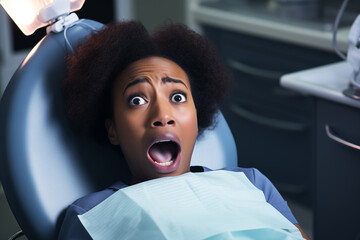 fright black woman is afraid of a chair in dentist office at dental clinic for hygienic procedure
