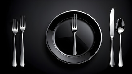 Black plate and fork isolated on a black background. With black copy space