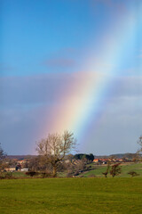 Rainbow over fields and trees near Hamsterley, County Durham, England, UK.