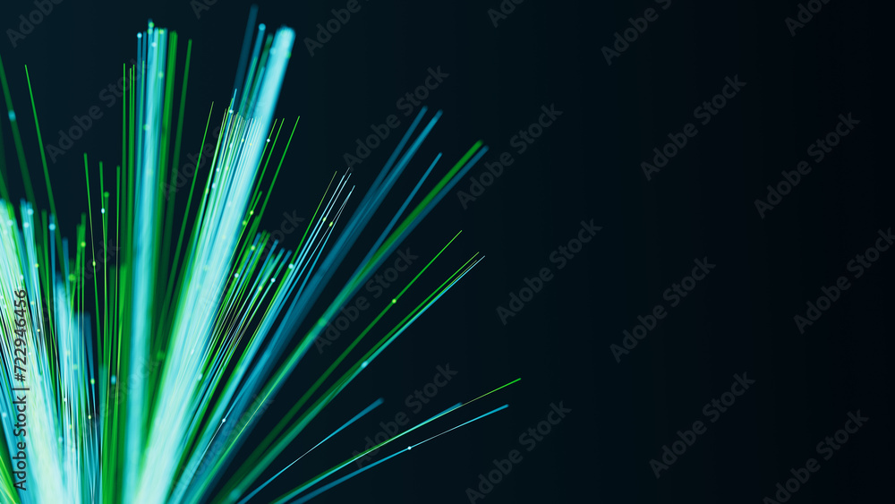 Poster illuminated cyan fiber optic cables with moving data. glowing internet data streams. digital transmi