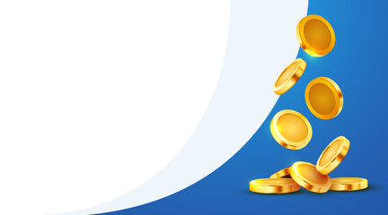 Falling coins, falling money, flying gold coins, golden rain. Jackpot or success concept. Modern background.