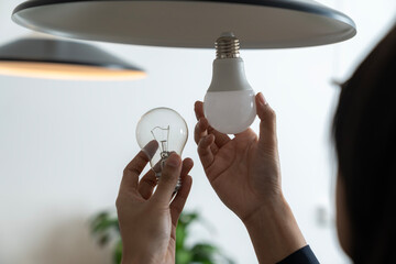 A young woman is changing light bulbs at home, replacing incandescent bulbs with LED bulbs to save...