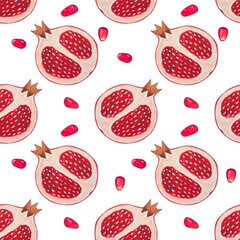 Seamless pattern with ripe pomegranate slices, watercolor illustration