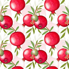 Seamless pattern with ripe pomegranates, watercolor illustration