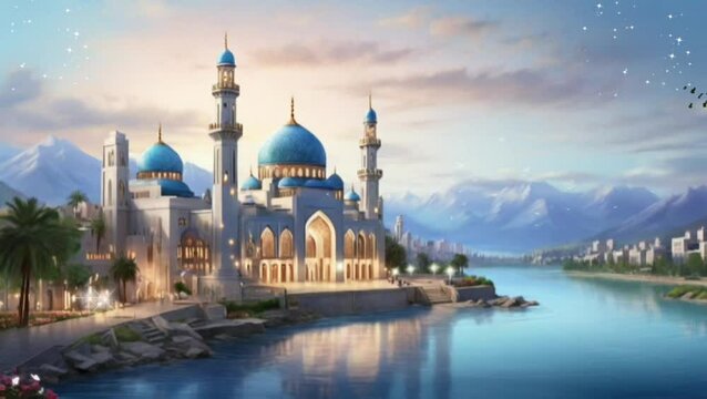Beautiful mosque featuring an azure dome nestled along the river, set against a picturesque backdrop of blue mountains under a wide sky – 4K virtual video animation background