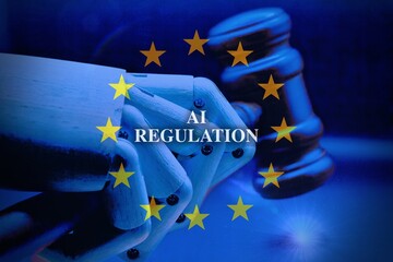 AI act regulation symbol in Europe. Concept words AI artificial intelligence act regulation on wooden block. Beautiful blue background. Business AI act regulation concept Copy space - obrazy, fototapety, plakaty