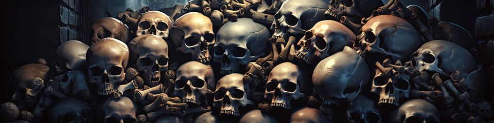 pile of human skulls in underground ancient crypt burial grave. Dead people bone skeleton who died from the war and the epidemic in catacombs - obrazy, fototapety, plakaty