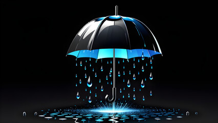 Open rain umbrella 3d rain icon .autumn and rainy weather neon glow element for a seasonal design. raindrops. isolated on a black background. With black copy space - obrazy, fototapety, plakaty