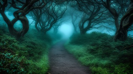 Pathway through a mystical foggy forest