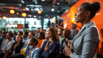 A black female speaker giving a presentation in a conference room full of people