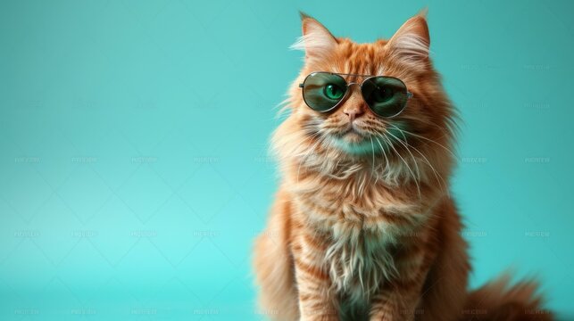 A ginger cat wearing sunglasses is sitting in front of a blue background