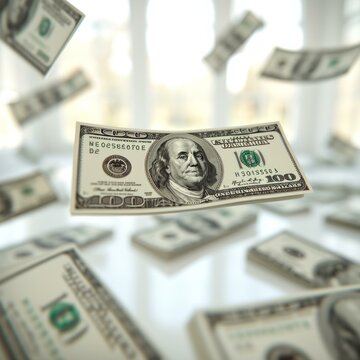 One hundred dollar bills scattered on a reflective white surface