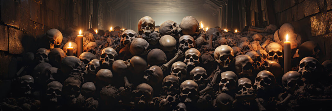 pile of human skulls in underground ancient crypt burial grave. Dead people bone skeleton who died from the war and the epidemic in catacombs