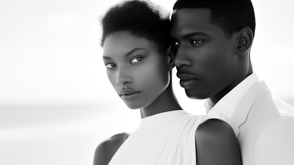  beautiful african american bride and groom embracing on the background of the sea. Black and white photograph, empty beach, clear facial features.
