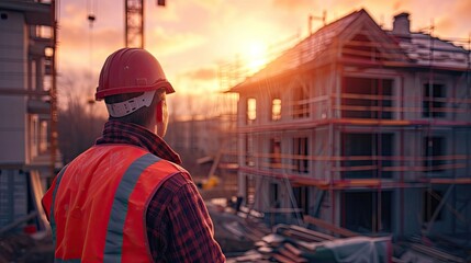 A construction engineer wearing helmet standing in the front of a house under construction. 