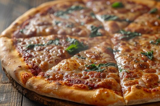 Close-up of a delicious pizza with melted cheese and fresh basil