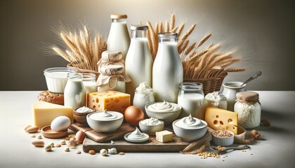 A beautifully arranged selection of dairy products including various cheeses, milk bottles, yogurt, cream, and eggs, complemented by wheat sheaves on a rustic wooden table