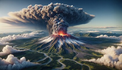 The dramatic eruption of a volcano with a massive ash cloud unfolding over lush green valleys, with river paths visible below - obrazy, fototapety, plakaty