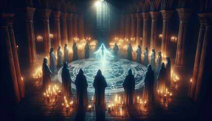 A mysterious assembly of hooded figures encircles a complex arcane symbol on the floor of a cathedral, with a central figure channeling a spectral light