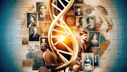 A collage representing the exploration of a family tree with old photographs, DNA strands, and vintage maps, symbolizing the connection between genetics and history.