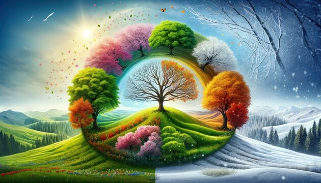 An artistic depiction of the four seasons in a circular landscape, with trees transitioning from spring blossoms to winter snow, symbolizing the perpetual cycle of nature.