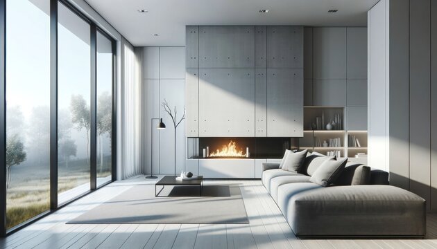 A sleek and stylish modern living room boasting a cozy fireplace, large windows with a serene nature view, and a minimalist aesthetic.