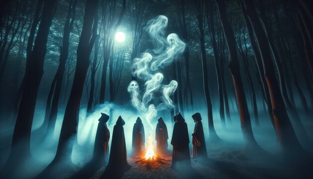 Cloaked figures form a circle around a blazing fire in a foggy forest, as ethereal apparitions ascend into the night sky, illuminated by a full moon