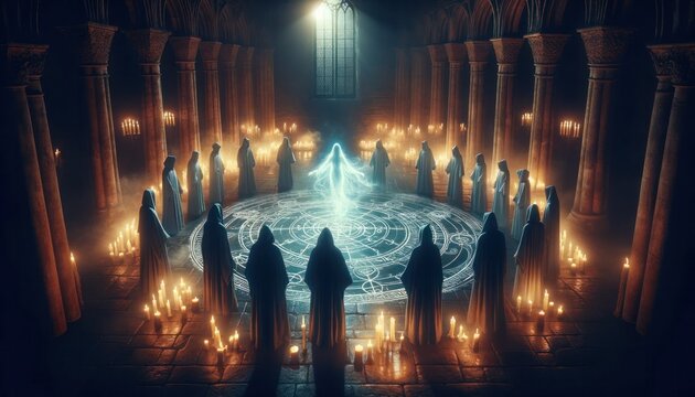A mysterious assembly of hooded figures encircles a complex arcane symbol on the floor of a cathedral, with a central figure channeling a spectral light