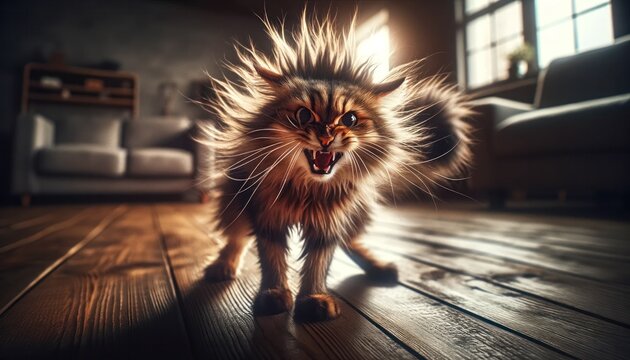 An agitated cat with fur standing on end and an open mouth, casting dynamic shadows on a wooden floor in a sun-drenched living room