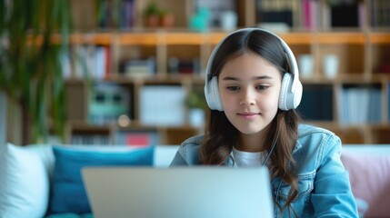 Latin young woman school college student wear headphones learning virtual internet online class from school teacher by remote meeting.