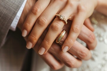 Golden wedding rings on newly married couple hands - obrazy, fototapety, plakaty