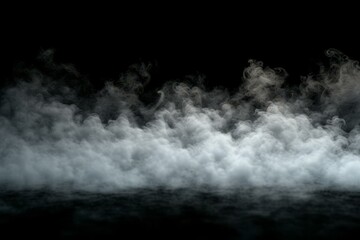 Obraz premium White smoke or fog cloud isolated on black background. Abstract background element. Texture for designers. White cloudiness. Mist or haze. Chemical reaction. Dry ice smoke.