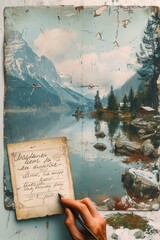 Nostalgic scene of a mountain lake with a boat and a cabin
