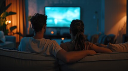 Back view of adult couple watching TV at home while sitting on sofa - obrazy, fototapety, plakaty