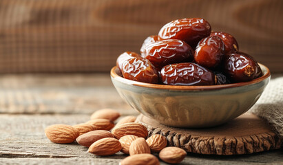 A close up of a bowl of dates and almonds on a wooden table. Generative AI