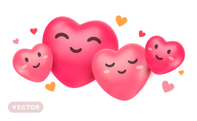 Vector cartoon illustration of cute happy hugging heart character with eye and smile on white background. 3d style design of family love. Embrace heart set symbol for world day holiday